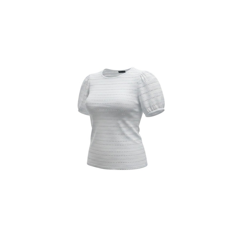 Kim & Cami Eyelet Top Womens Large White  Puff Sleeve Crew Neck Knit